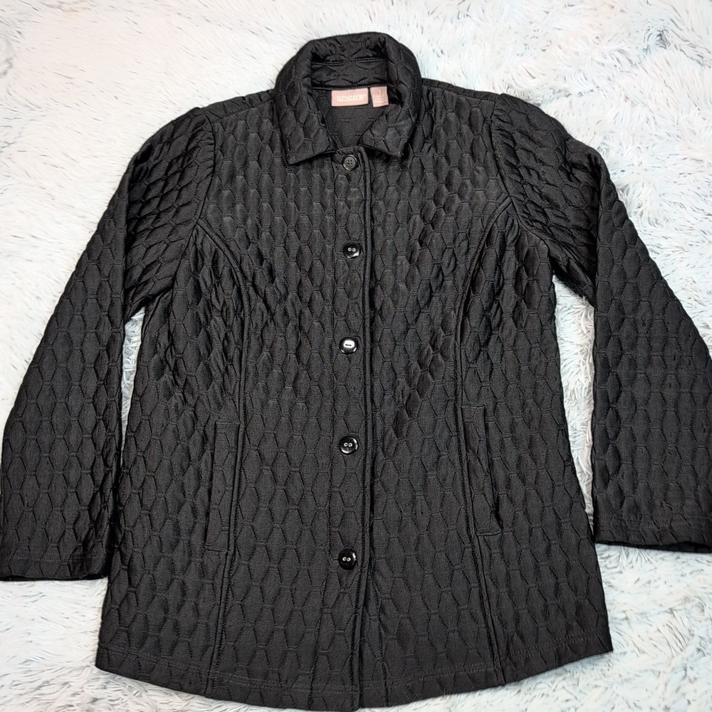 Chico's Jacket Womens 1 Black Cottage Core Comfort Lightweight Pockets Button Up